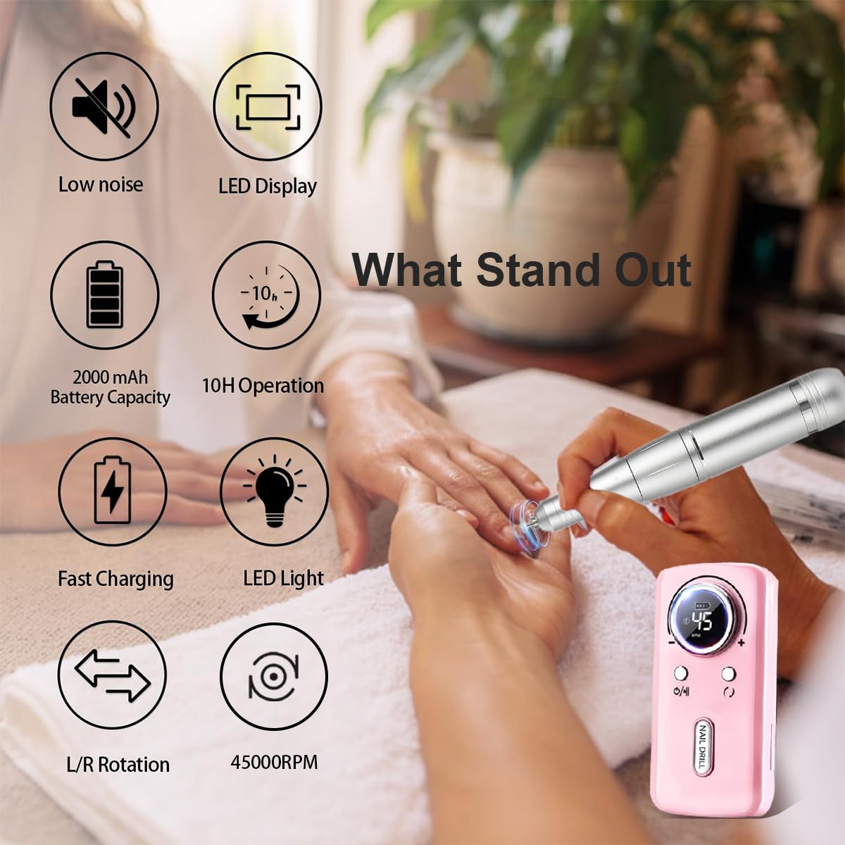 Fresa Per Unghie Professionale Ricaricabile Portatile 45000 RPM,LCD Elettrica Fresa con 11 Testine Iucidanti,Silenzioso e privo di vibrazioni,Per la cura delle unghie in acrilico/gel