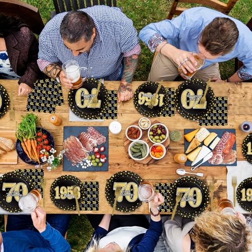 Image of 96PCS 70th Theme Birthday Party Tableware Vintage 1956 Party Supplies 70 Year Old Birthday Decorations Plates Napkins Forks Black and Gold Dinnerware Favors for Men or Women