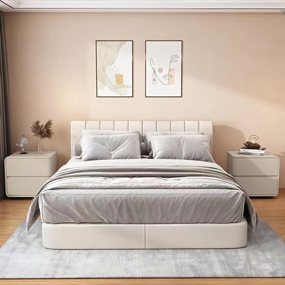 Solid Wood Bedside Table with 2 Drawers，Modern Nightstand，Bedside Furniture, Side Table，Leather Outsourcing Nightstand for Bedrooms, Dormitories, Living Rooms(Beige,R)