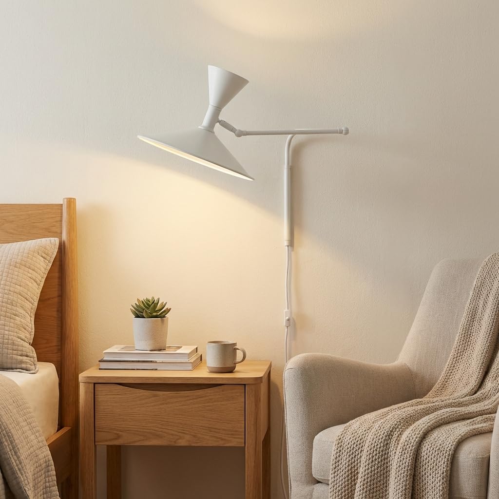BARCELONA LED Große Wandlampe Industrie 40 cm Durchmesser, Schwenkbarer Wandarm, Vintage und Modern Stil, Metall Weiß Lampenschirm Innen Weiß, Ideal für Restaurant, Treppe Schlafzimmer
