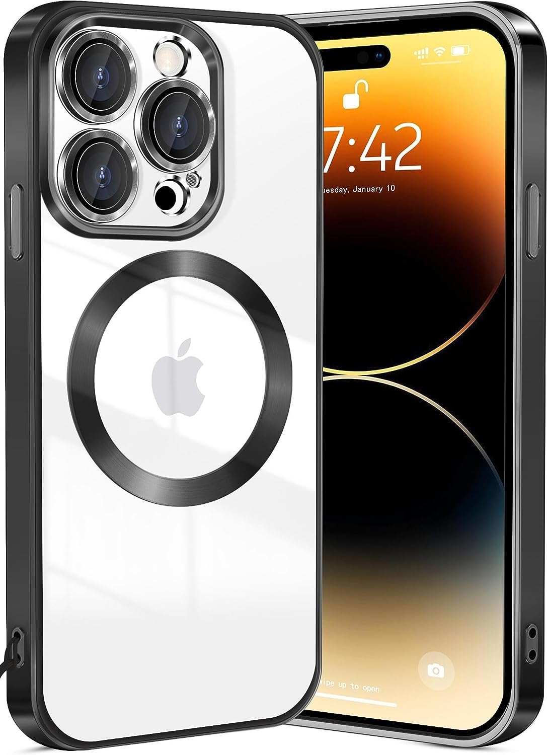 SHINESTAR Electroplated Logo View Case for iPhone 14 Pro Max, Camera Lens Full Protection Luxury Electroplated Transparent TPU Slim Back Cover for Apple iPhone 14 Pro Max - Black