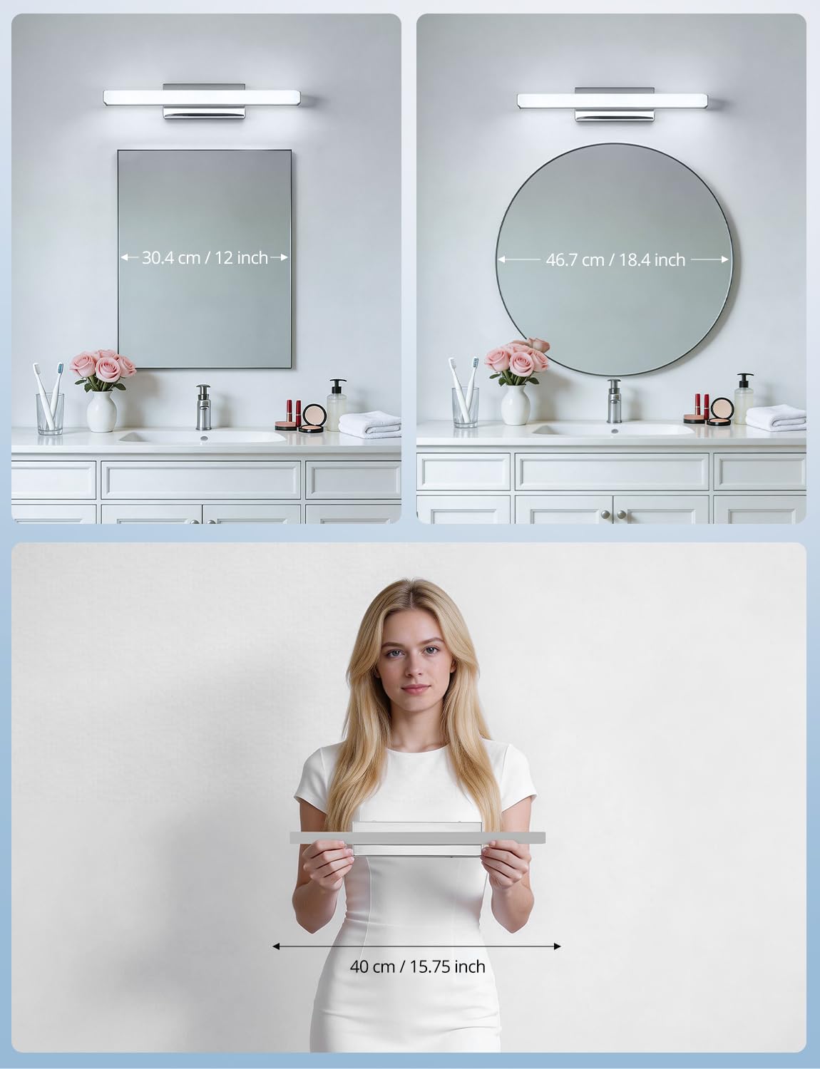 Yafido Aplique Espejo de Baño 40CM LED Maquillaje Luz Blanco Natural Para Lavabo, 9W Cromo IP44 Lampara 6000K Cuarto Luces Tocador Pared 230V Bathroom Light sobre Mirror