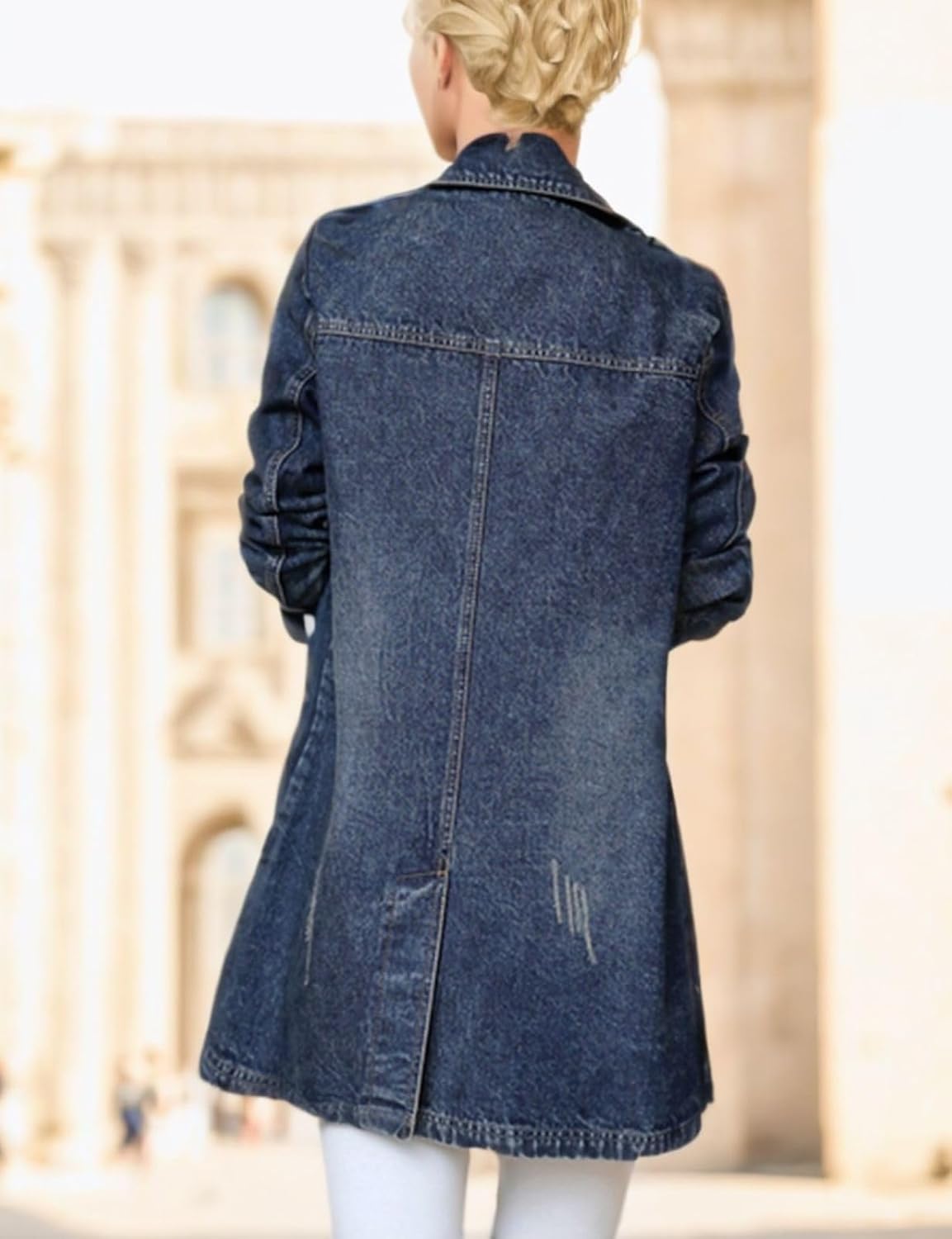 Kwoki Women's Mid Long Denim Trench Coat Casual Slim Double Breasted Distressed Ripped Jean Jacket with Pockets - Image 7
