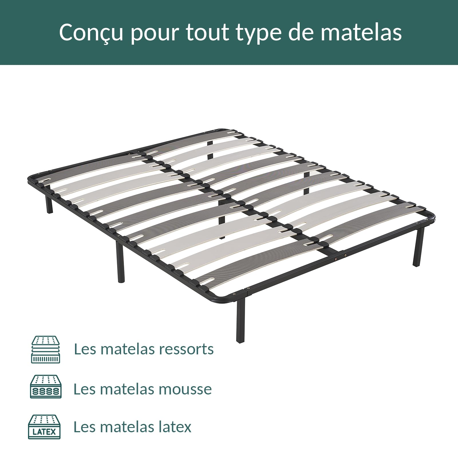 SAMPUR - Sommier Morpholattes | 140 x 190cm | 7 Pieds Inclus | Gris | 25 cm de Hauteur | Cadre métal laqué epoxy | Lattes Extra Larges | 5 Zones de Soutien