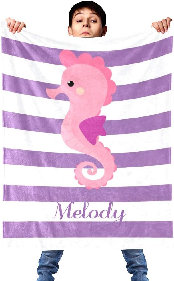 Cute Seahorse with Purple Striped Personalized Receiving Baby Blankets for Girls Boys Kids with Name,Customized Swaddle Blankets Gift for Newborn Crib Infants 30x40 Inches