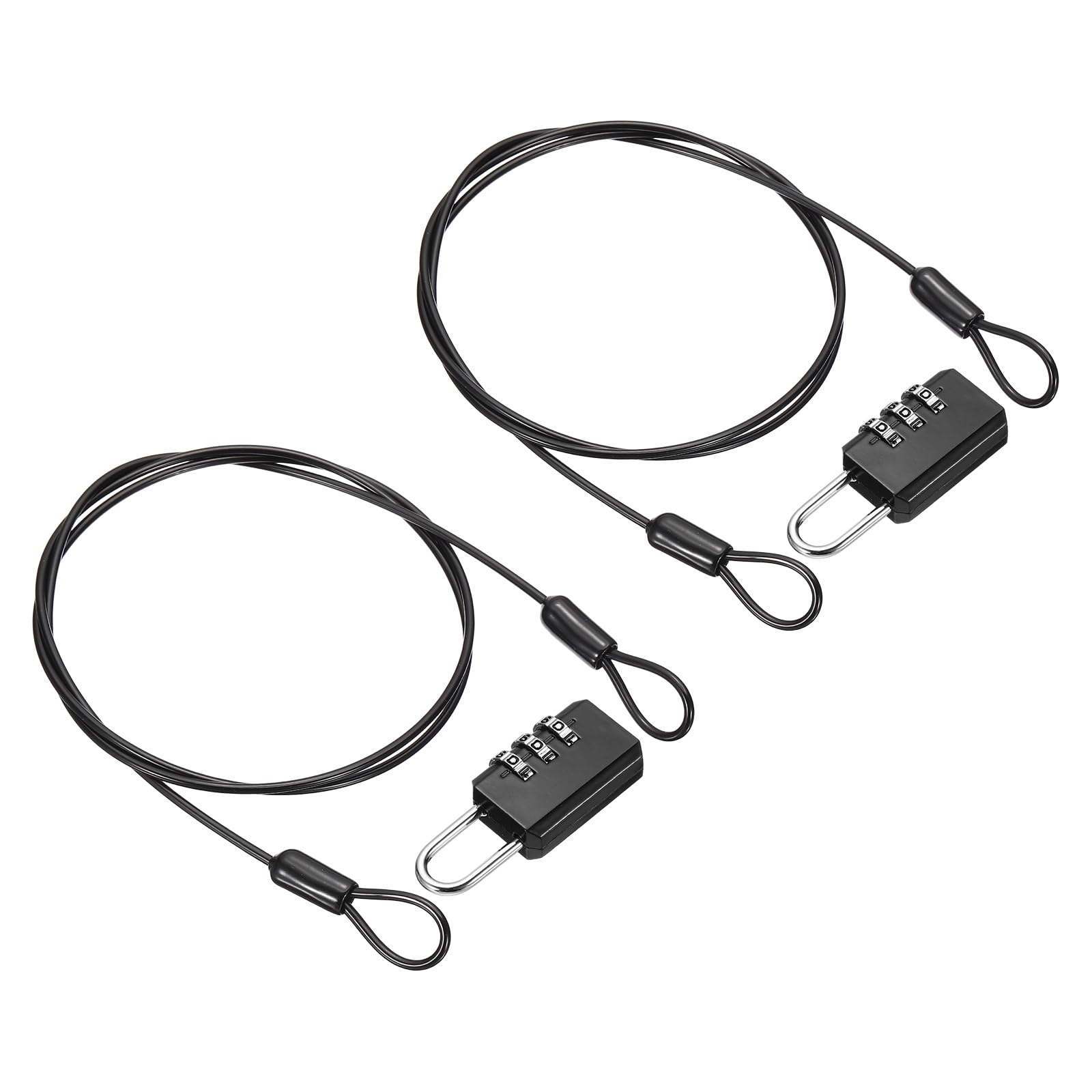 PATIKIL Security Cable with 3 Digit Combination Lock, (1m x 2.5mm, Black)(2Set), Braided Stainless Steel Safety Cable Wire Rope with Double Loop, Suit for Suitcase/Bicycle/Cabinets