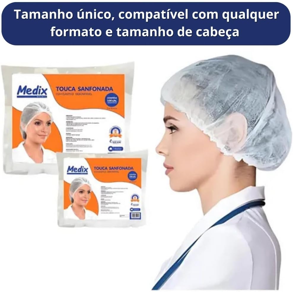 Touca Descartável TNT Sanfonada com Elástico 100 un, Branca, Uso Profissional e Doméstico, Leve, Higiênica e Confortável
