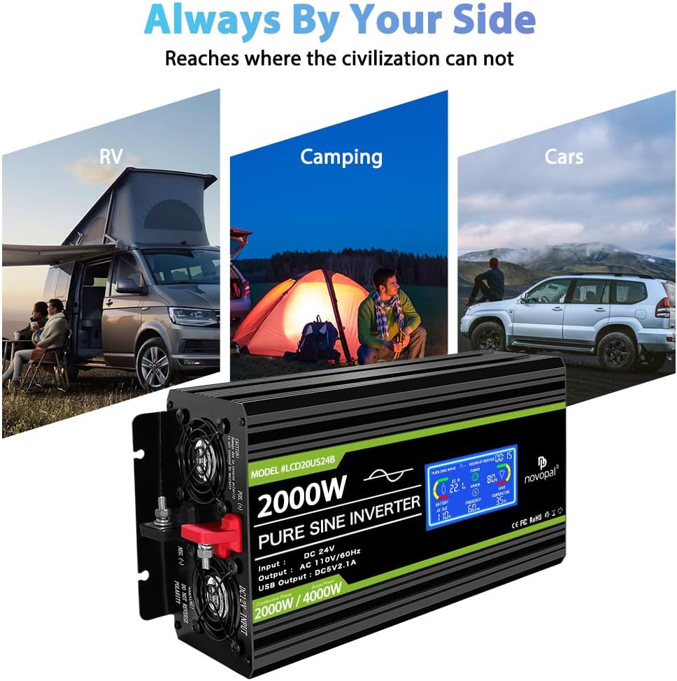 Novopal inverter powering various household appliances like a printer, drill, toaster, refrigerator, hairdryer, and blender