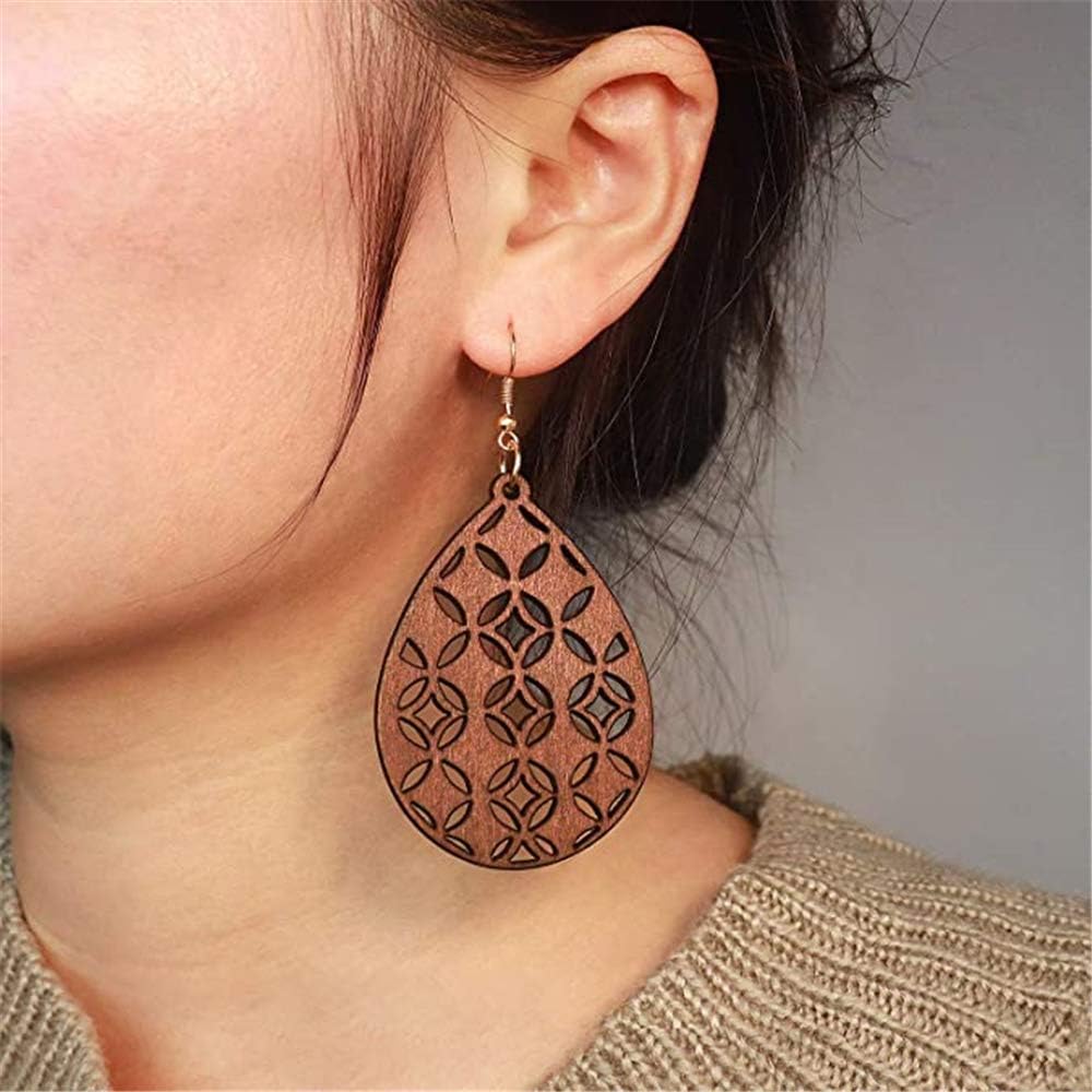 Bohemian Wooden Hollow African Earrings for Women Natural Light Weight Wood Teardrop Drop Dangle Hook Earrings - Image 3
