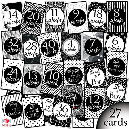 Image of Wobbox Pregnancy Milestone Cards, Black & White, Pregnancy Journey, Weeks Growth Milestone Cards, Pregnancy Gift Scrapbook Photo Keepsake - Set of 27 Pieces