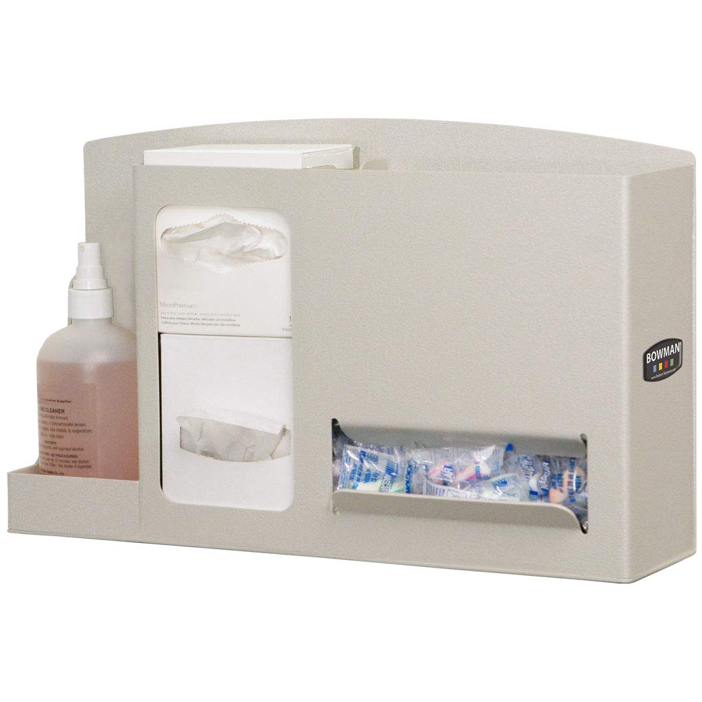 Safety Station-Eye & Ear Holds 1 Bottle Lens Cleaning Solution, 2 Boxes Lens Cleaning Wipes, & Ear Plugs in Bulk. Wall Mount, on a Counter, or to a Bowman® Floor Stand Dims: 5.37”L x 18”W x 10.88”H
