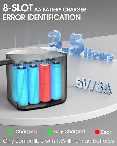 Miniatura 6 de Homesuit Baterías recargables AA de litio con cargador, paquete de 8 baterías de litio de 1.5 voltios de alta capacidad de 3600 mWh, recargables AA,