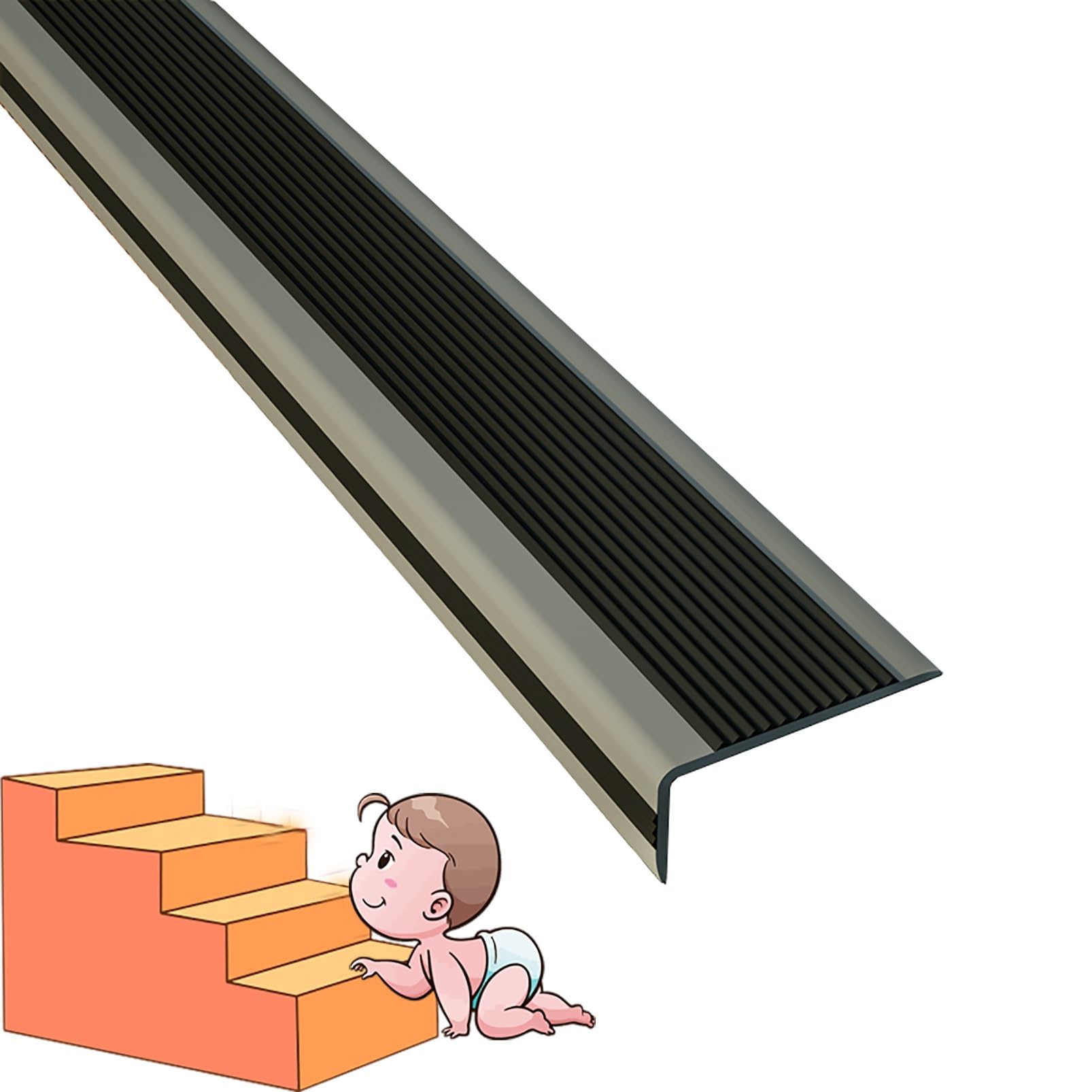Bordure d'escalier en caoutchouc noir et gris auto-adhésive antidérapante de 2,4 m