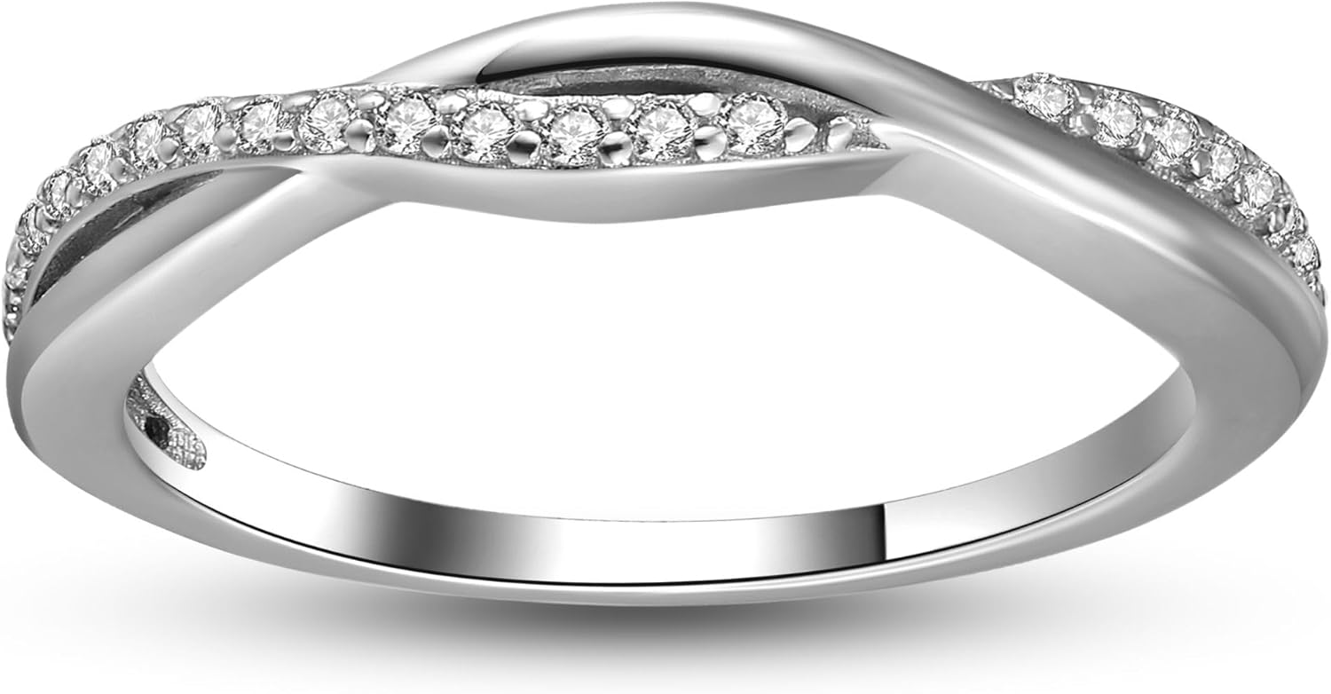 Queena Twisted Half Eternity Band for Women by Ginger Lyne | 3mm Sterling Silver Anniversary Band Wedding Ring with Cubic Zirconia Fashion Bridal Jewelry Stackable