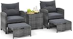 Tangkula 5 Pieces Patio Conversation Set, PE Wicker Rattan Outdoor Furniture Set with 2 Chairs, 2 Ottomans & Tempered Glass Coffee Table, Ideal for Poolside, Backyard, Lawn, Deck, Grey