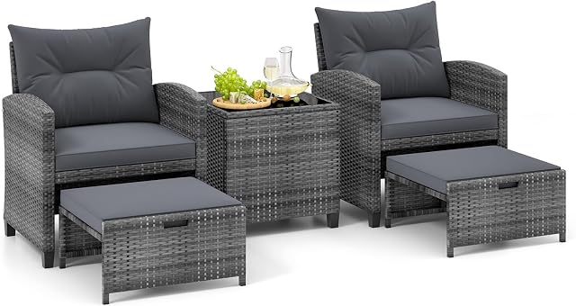 Tangkula 5 Pieces Patio Conversation Set, PE Wicker Rattan Outdoor Furniture Set with 2 Chairs, 2 Ottomans & Tempered Glass Coffee Table, Ideal for Poolside, Backyard, Lawn, Deck, Grey