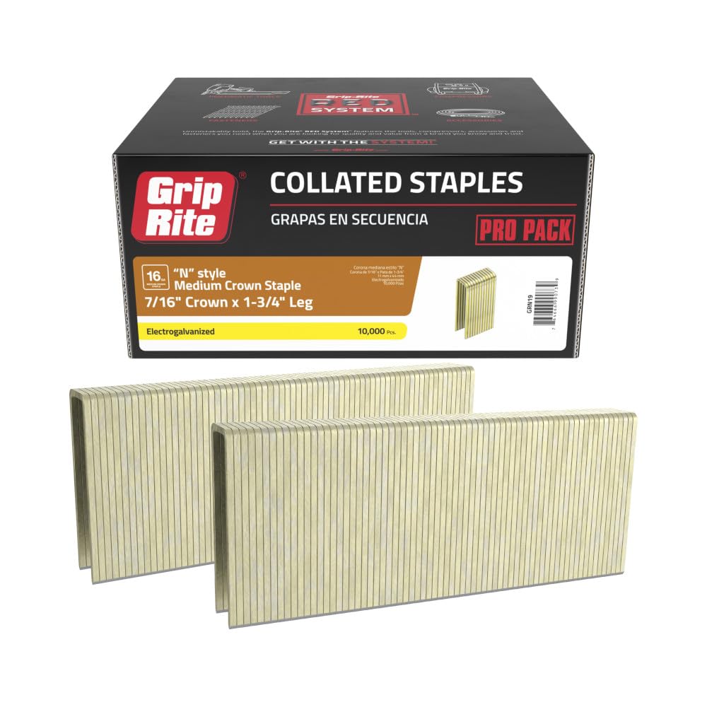 Grip-Rite GRN19, Collated Medium Staple 16GA, 7/16" Crown, 1-3/4" Leg, Galvanized, 10,000 Staples