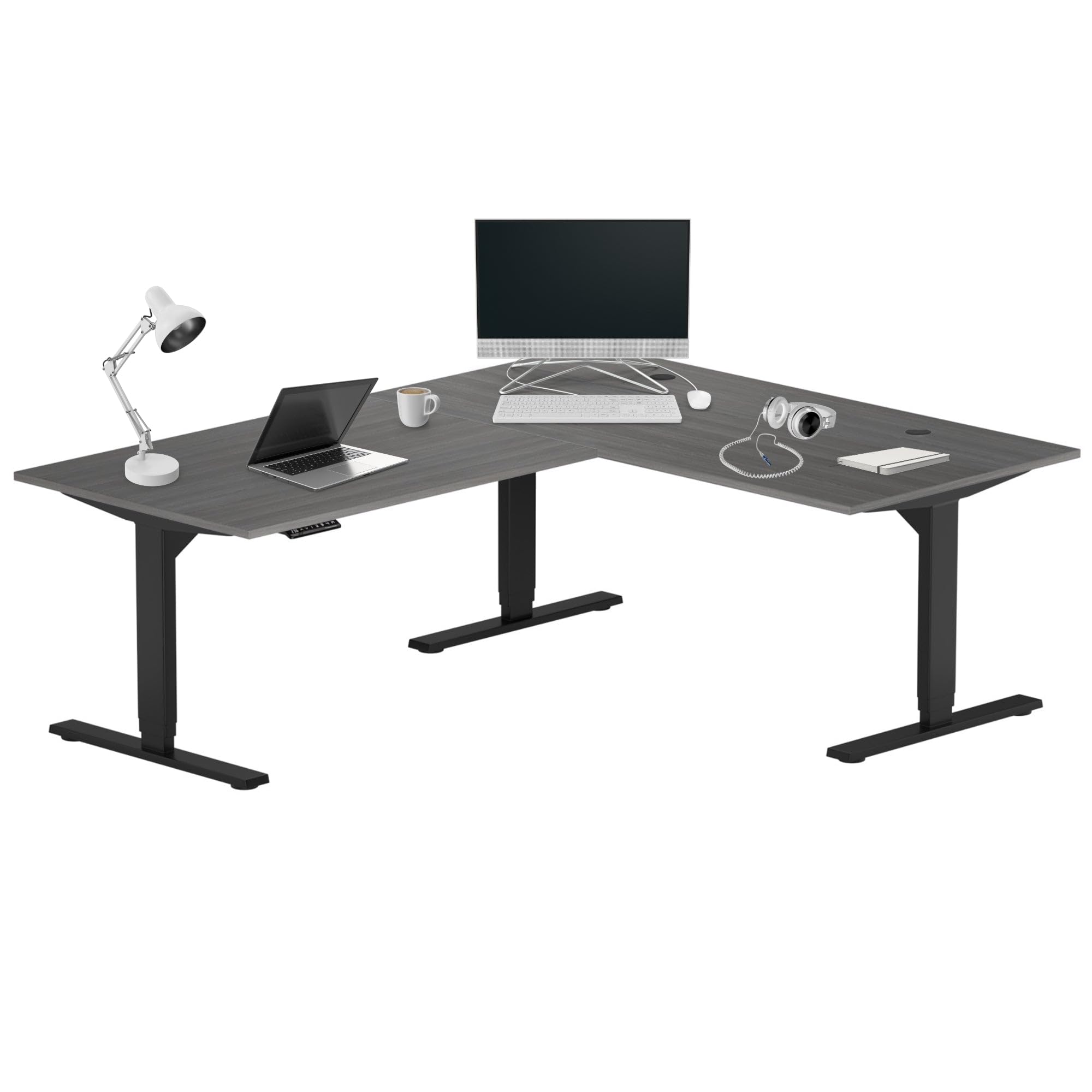 Progressive Desk Height Adjustable Computer Standing Desk - L Shaped 70" x 55" Corner Electric Stand Up Rising Workstation - Black Frame, Gray Oak Top