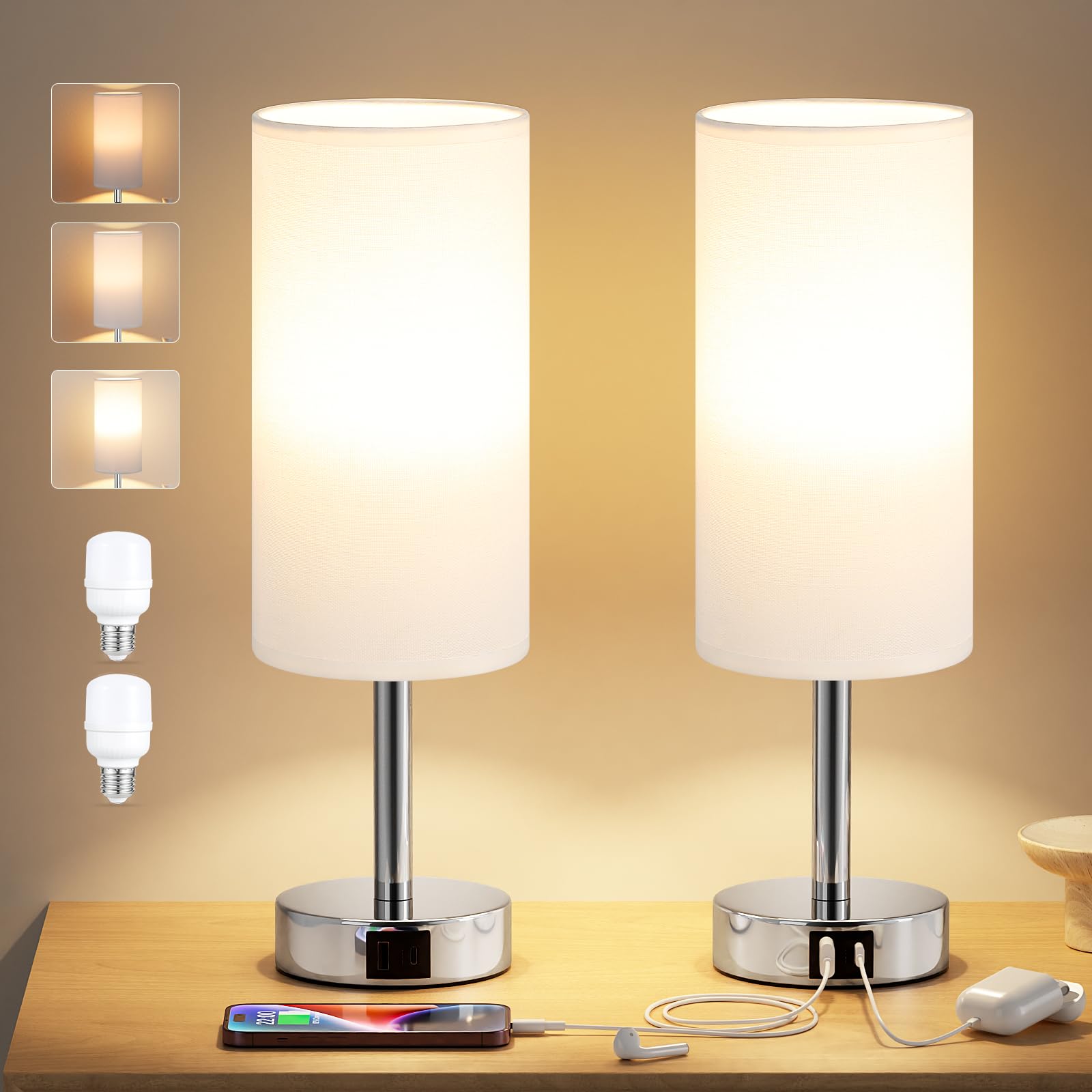 Aooshine White Bedside Lamps Set of 2, Dimmable Table Lamps for Bedroom Silver Base(Bulb Included), G-white-2pc