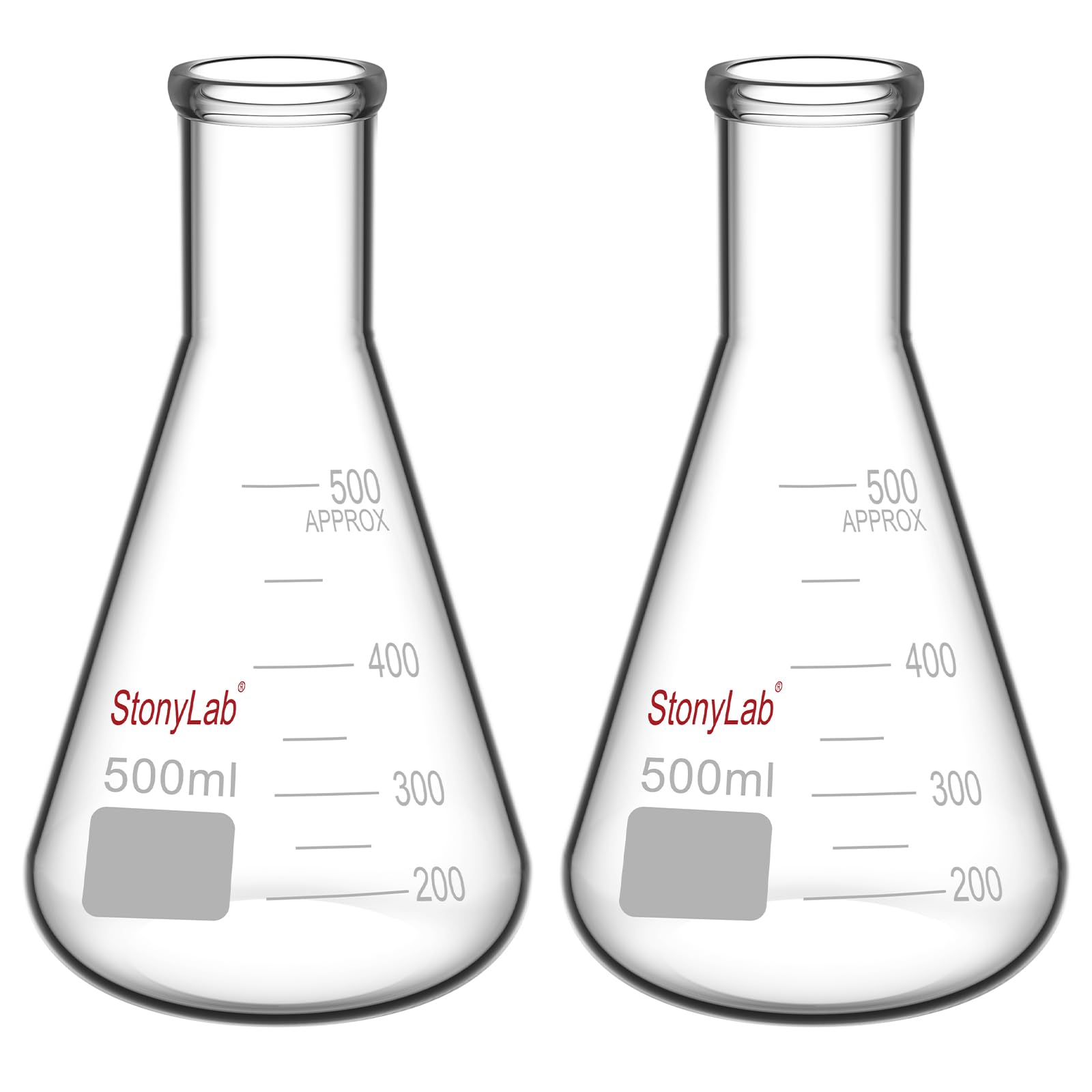 StonyLab Frascos Erlenmeyer Boca Estrecha 500ml Borde Pesado 2 Paquetes