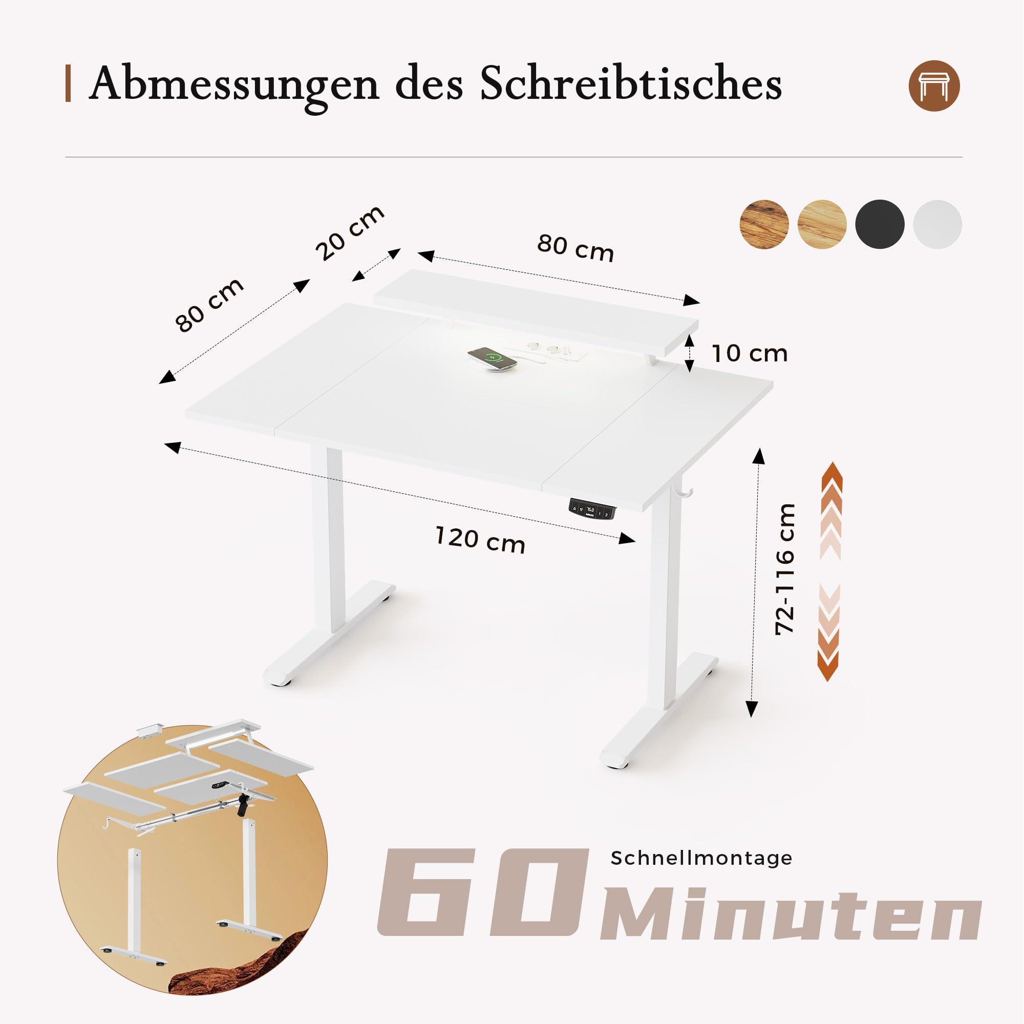 Klicelor Höhenverstellbarer Schreibtisch mit verstellbarem Monitorständer | Schreibtisch elektrisch 120 x 80 cm mit LED-Beleuchtung, USB-Steckdose, 2 Speicherplätzen, Homeoffice, Weiß