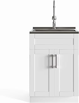 SIMPLIHOME Hennessy All-in-One 24 inch Wide Utility Sink and Laundry Cabinet in Pure White Finish, Transitional Stainless Steel Sink Cabinet for Laundry Rooms with High-Arch Chrome Faucet and Storage