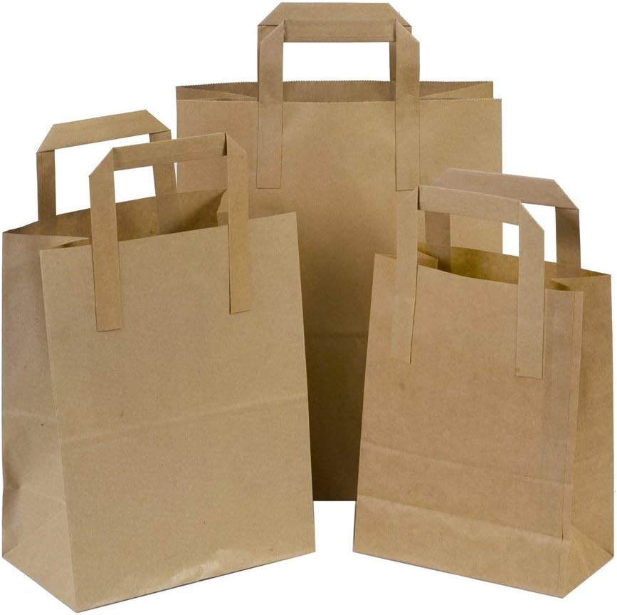 250 x Brown SOS Take Away / Gift Paper Carrier Bags with Flat Handles - 25cm x 30cm x 14cm (LARGE) Unipack Brand - Unibags