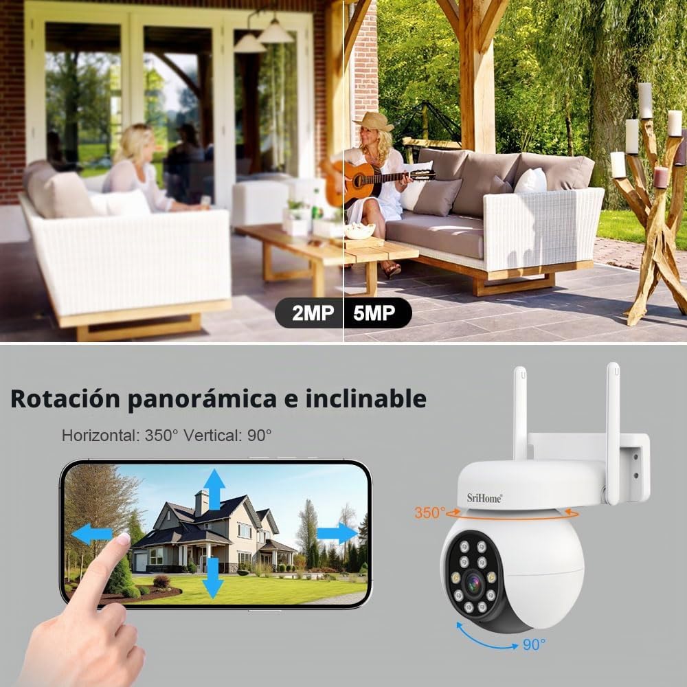 SRIHOME 5MP HD PTZ Cámara de vigilancia, detección de humanos, seguimiento de movimiento, alarma sonora y luminosa, audio bidireccional, uso en exterior/interior
