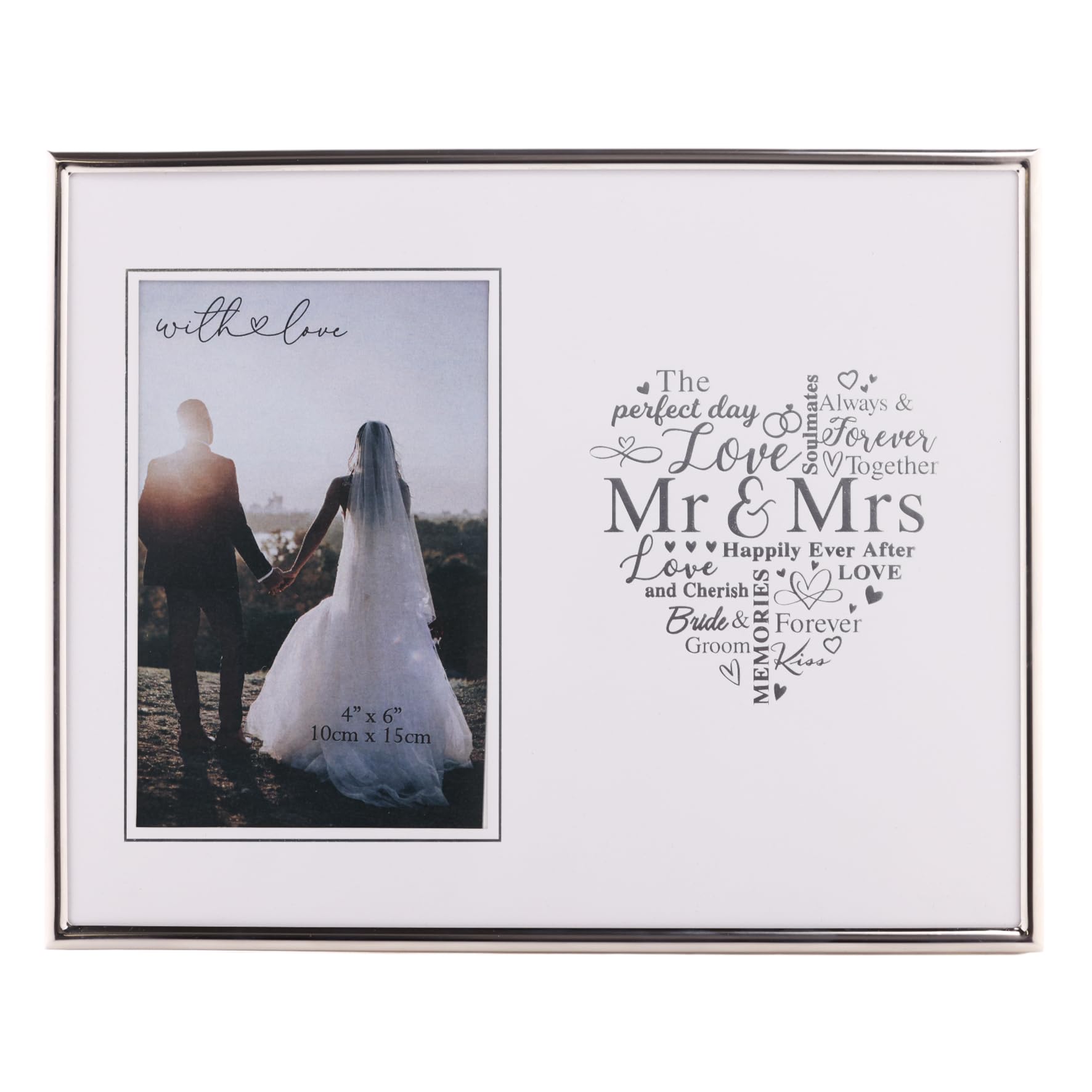 Silver Photo Frame for Wedding Mr and Mrs 4'x6' Picture with Heart Script