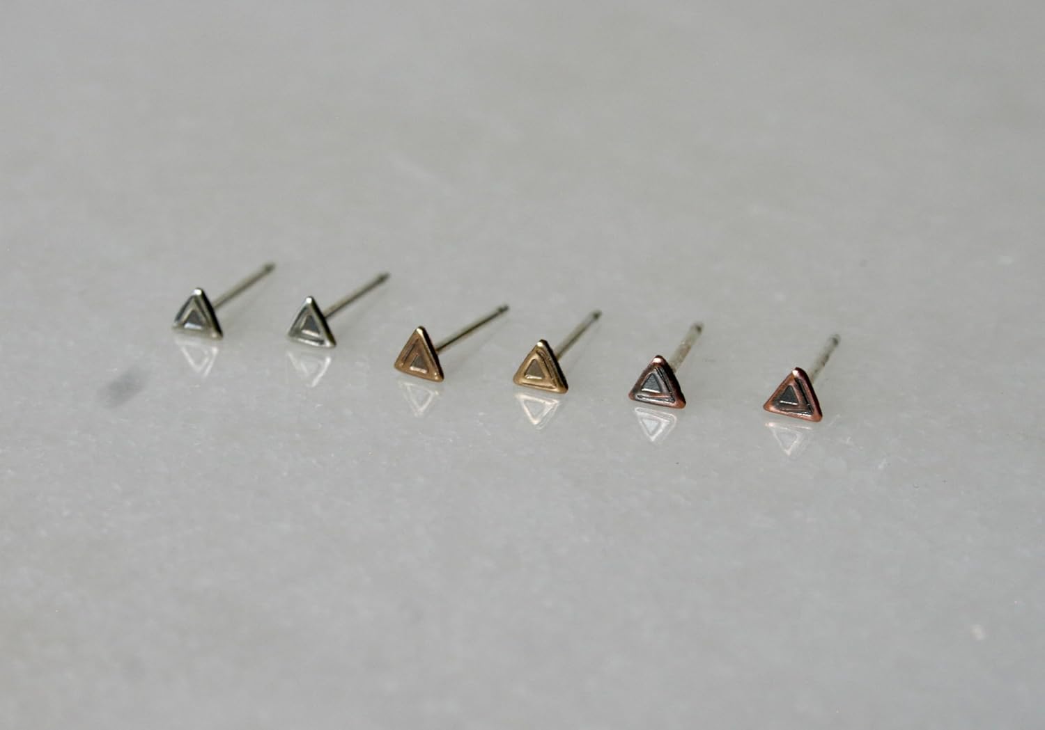 Unique set of Rustic Triangle stud Earrings, 4mm Triangle Studs, Set of Three Pairs, Copper, Brass, Silver, Cartilage Earrings, Handmade