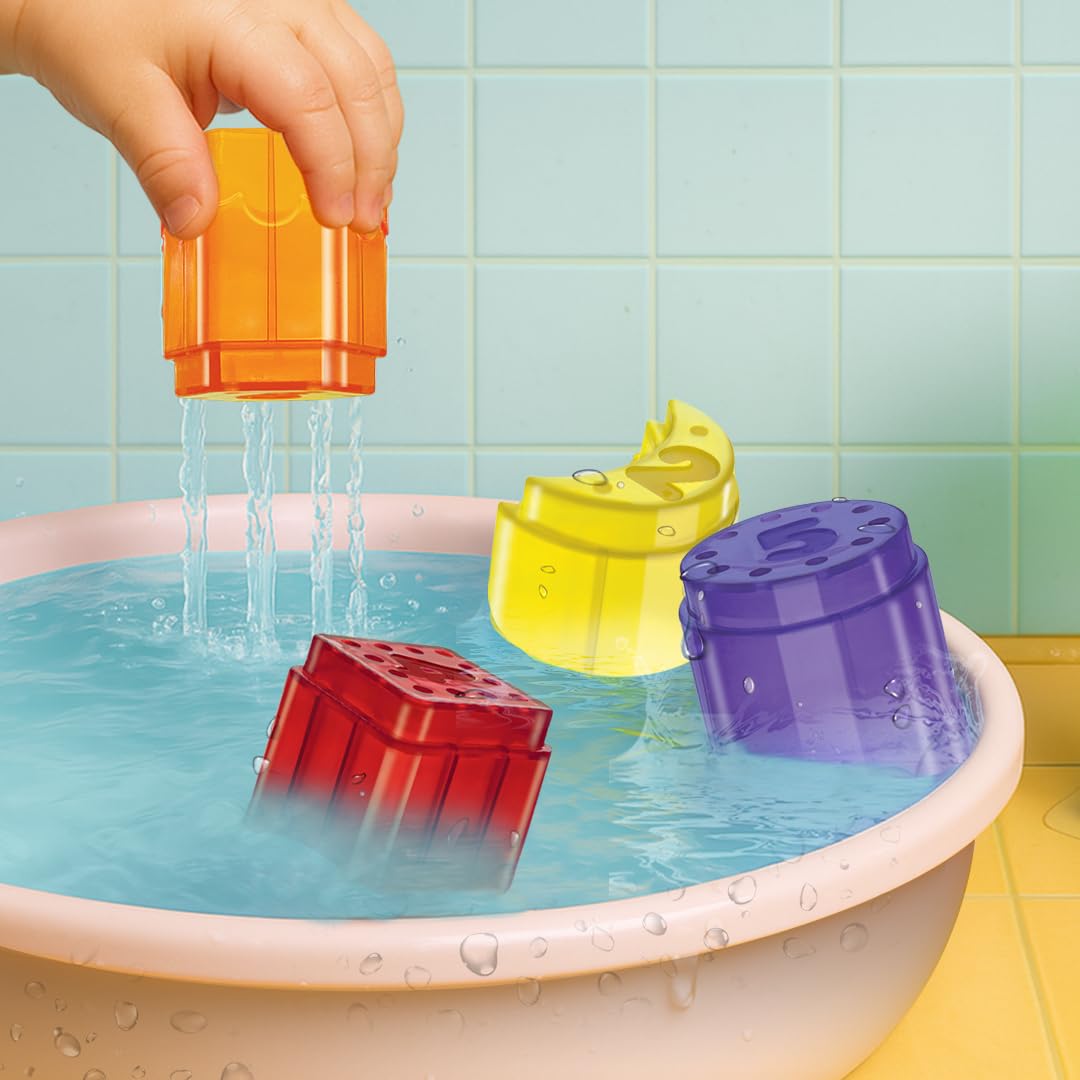 Imagimake Bloques de baño para bebés | Juguetes de baño para niños pequeños de 12 meses en adelante | Juguete educativo para niños pequeños y bebés | 3 en 1 jugar y aprender números, apilar y aprender