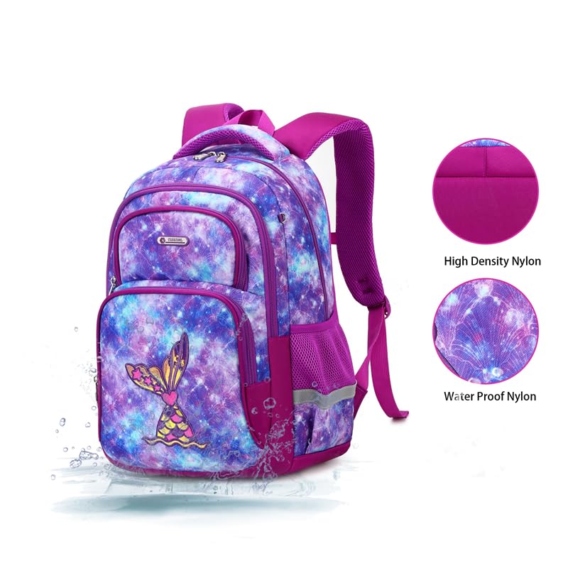 Image of Cusangel Purple Mermaid 3pcs Set with Lunch Box Pencil Case,Multi Compartment Backpack, Dinosaur Backpack Chest Strap Side Pockets 16 Inch
