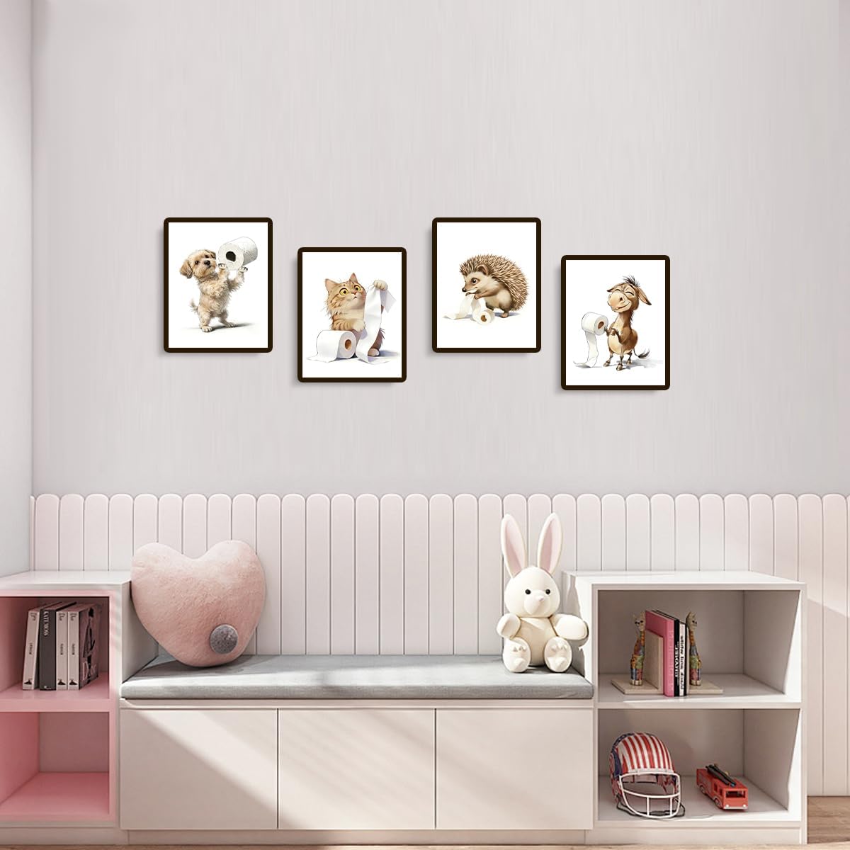 QPOKLAF Kid's Bathroom Animals Wall Art Decor,Funny Animal Canvas Printing,Donkey,Cat,Dog,Art Posters Bathroom Restroom Girls Washroom Wall Decoration Set of 4 (8x10inch,Unframed)