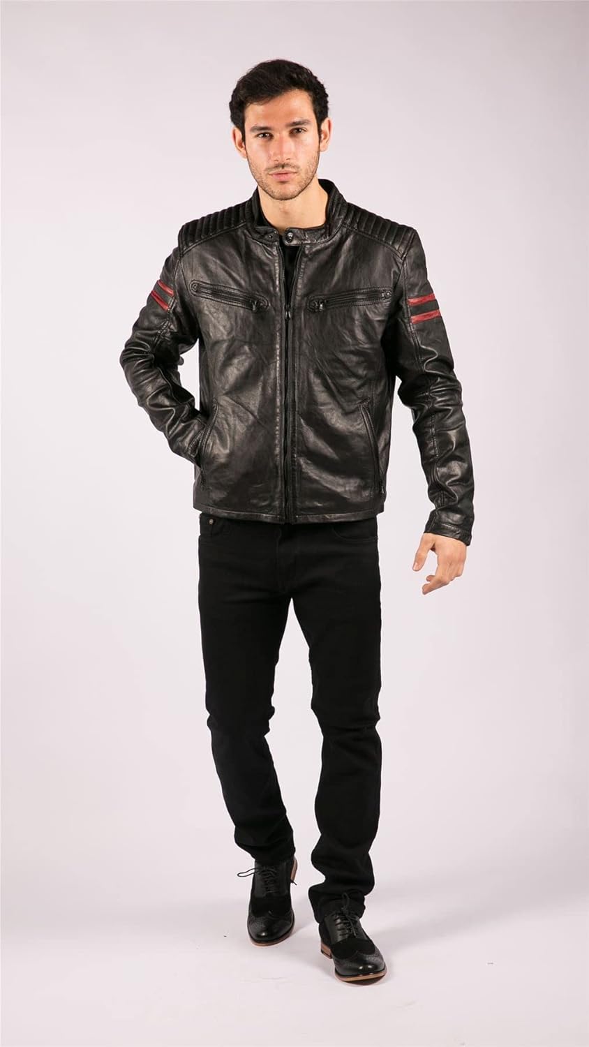 TruClothing Mens Real Leather Biker Jacket Racing Stripes Blue Black Retro Casual 1980s