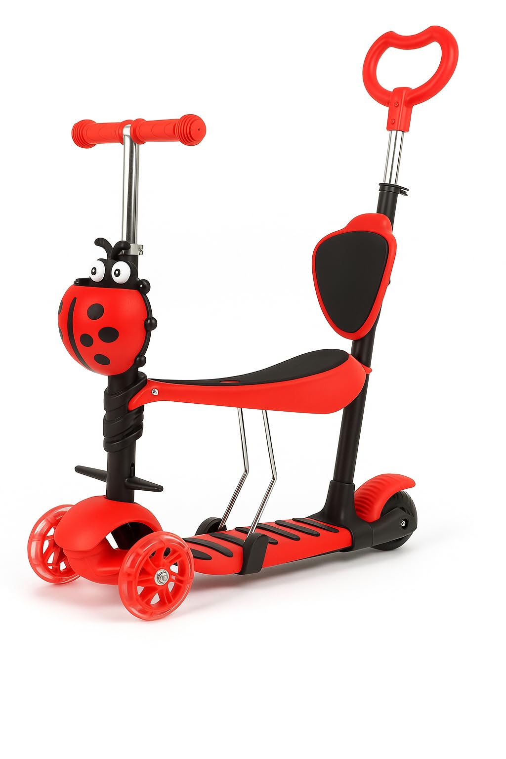 True Face 5 in 1 Kids Scooter, 3 Wheels with LED Flashing Light, Ladybug Girls Scooter, Adjustable Removable Handlebar & Seat & Anti-Slip Pedal for Ages 2 to 11 Years Red One Size