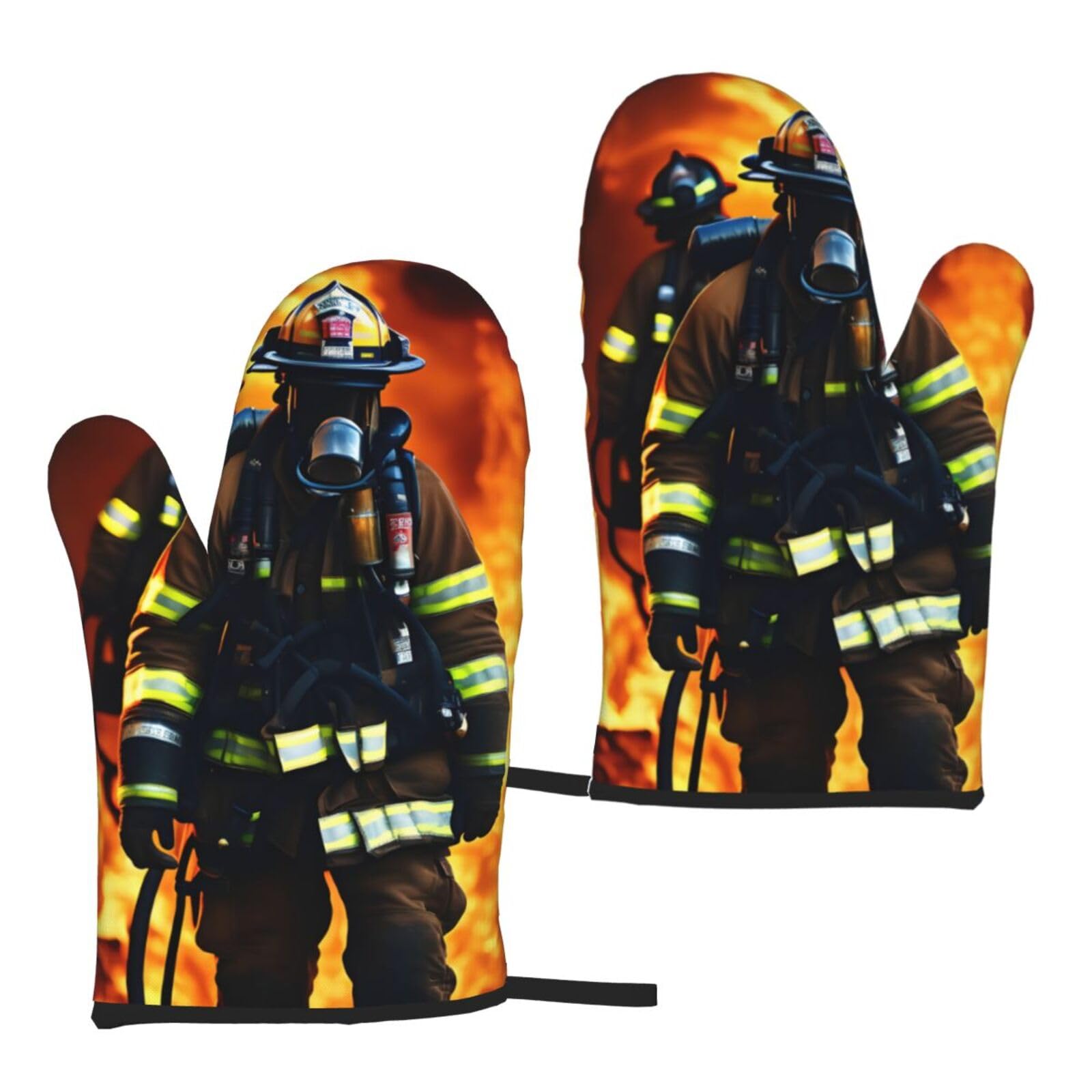Firefighter Fireman Flame Print Heat Resistant Universal Fit Oven Microwave Gloves Home Cooking Baking Grilling