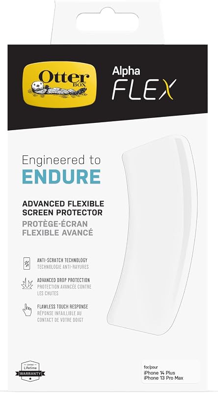 Protector de pantalla antimicrobiano OtterBox Alpha Flex Series para iPhone 14+ | Protector de pantalla antimicrobiano flexible, resistente a huellas dactilares y arañazos, respuesta táctil impecable para Apple iPhone