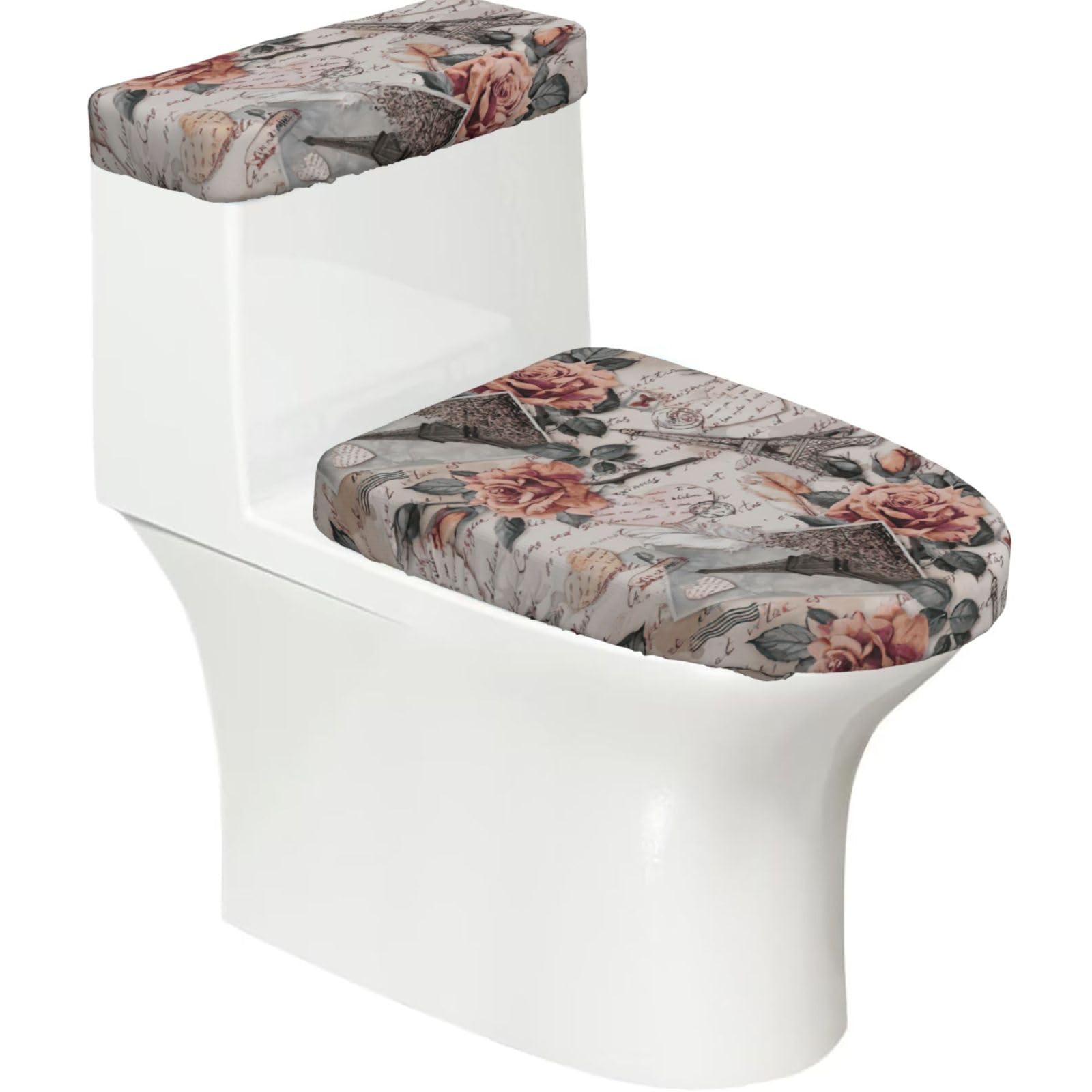 Flower Paris Eiffel Tower Print 2-Piece Stretch Toilet Cover Set, Elastic Breathable Toilet Seat and Tank Lid Protector