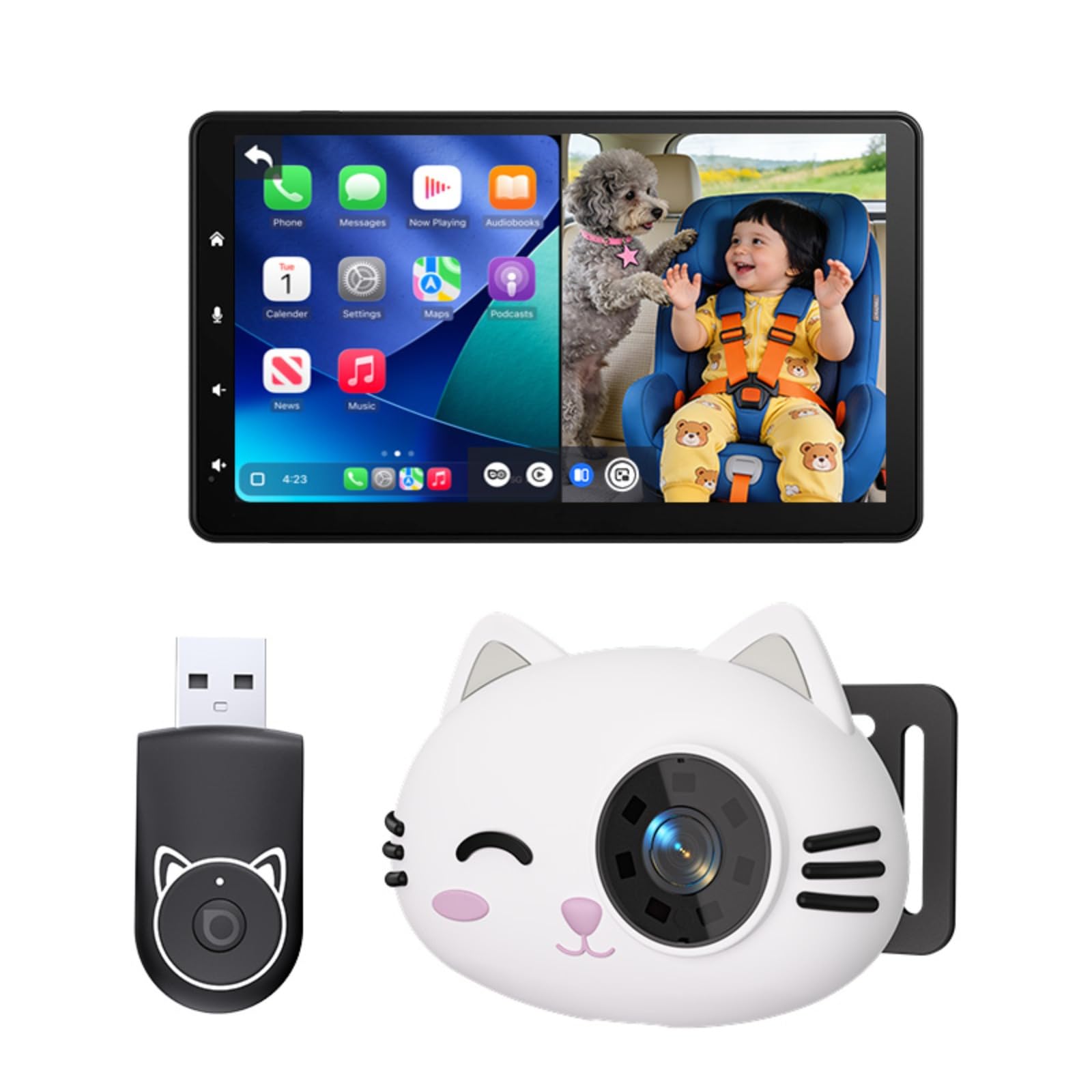 Cabin Care, Adattatore CarPlay Wireless con Fotocamera 2026, Macchina Fotografica Bambino Auto, Baby Monitor CarPlay su Schermo Originale, Schermo Condiviso & PiP, Visione Notturna 1080P, Grande