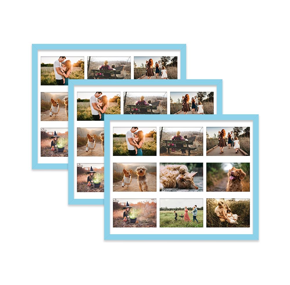 Light Blue Multi Photo Frame - Holds 9 x 6x4 Pictures, Family Collage Picture Frame for Wall Display, 20x16 Frame size, Set of 3
