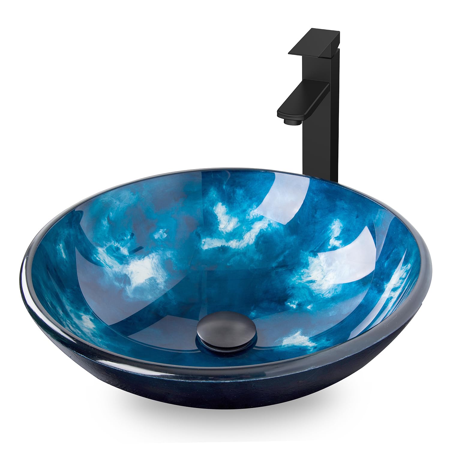 Évier de salle de bain avec robinet bronze huilé et vasque en verre bleu