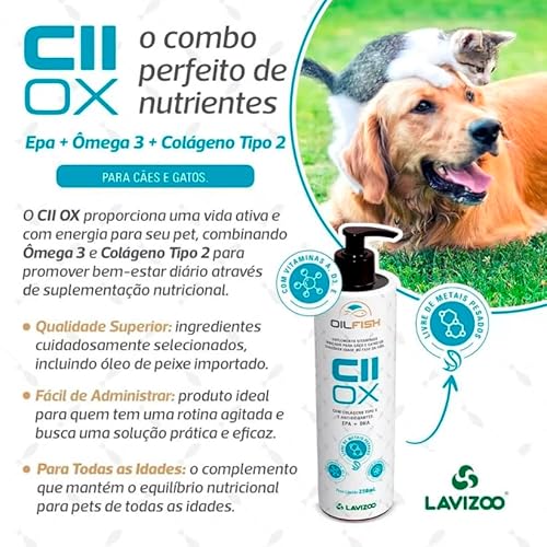 CII Ox Suplemento Liquido Ômega 3 Colágeno para Cães e Gatos - Com Colágeno Tipo II, Antioxidantes,