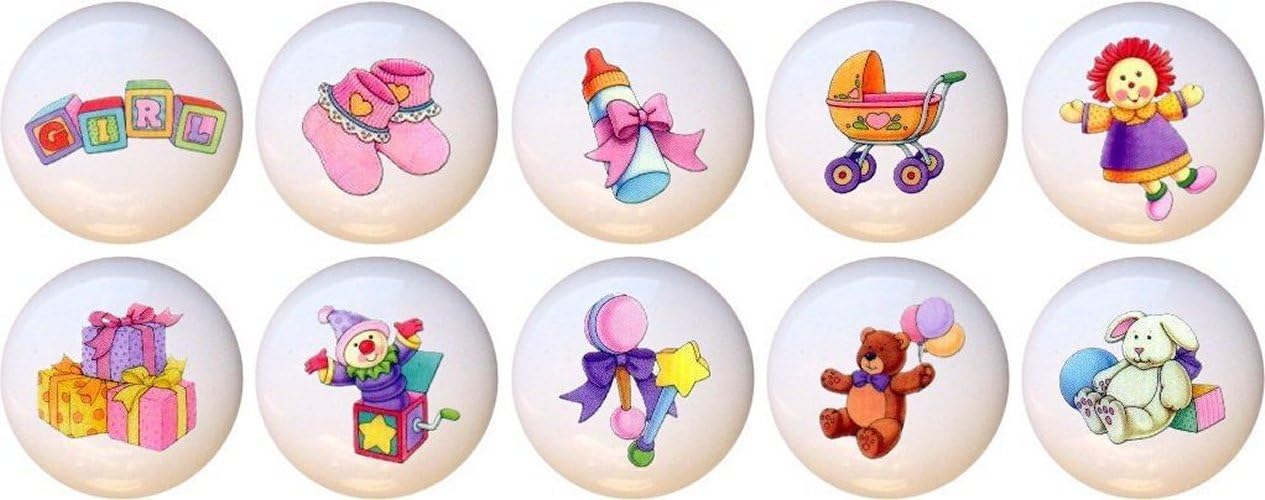 Baby Girl Stuff Nursery - 1.5" DECORATIVE Glossy CERAMIC Dresser Drawer PULLS Cabinet Cupboard KNOBS (complete set of 10)