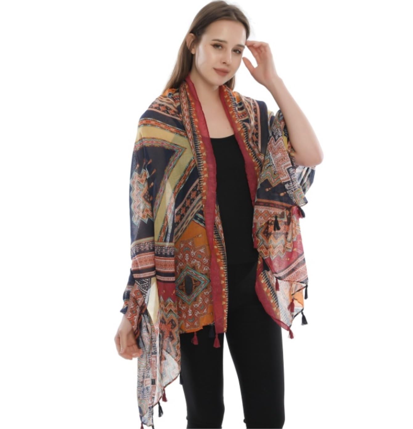 Bufanda Chal Bufanda Boho Para Mujer Bufanda Ligera Con Estampado Floral Otoño Invierno Mantón Con Flecos Suave y Cálida