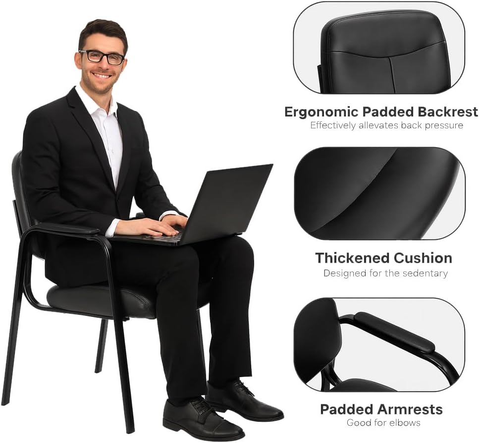 Waiting Room Chairs, Leather Stationary Office Guest Chairs with Padded Arms and Thick Cushion, Perfect for Conference Room, Lobby, Desk, Salon, or Side Table Use for Adults and Elderly