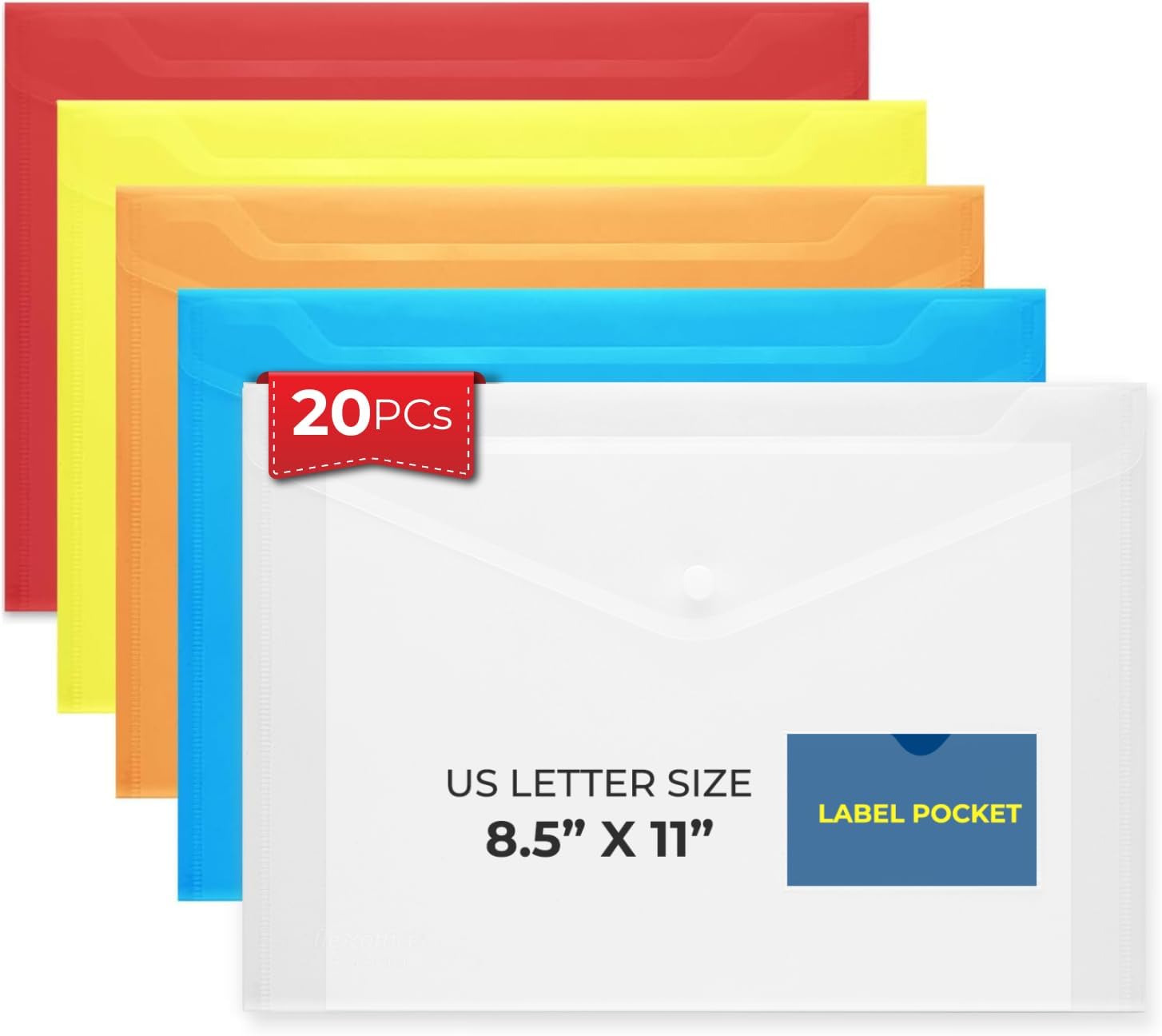 FLEXOFFICE 20 Pack Plastic Envelopes with Snap Closure & Label Pocket, 5 Colors, Reusable Poly Envelopes Waterproof for A4, US Letter Size, Important Document