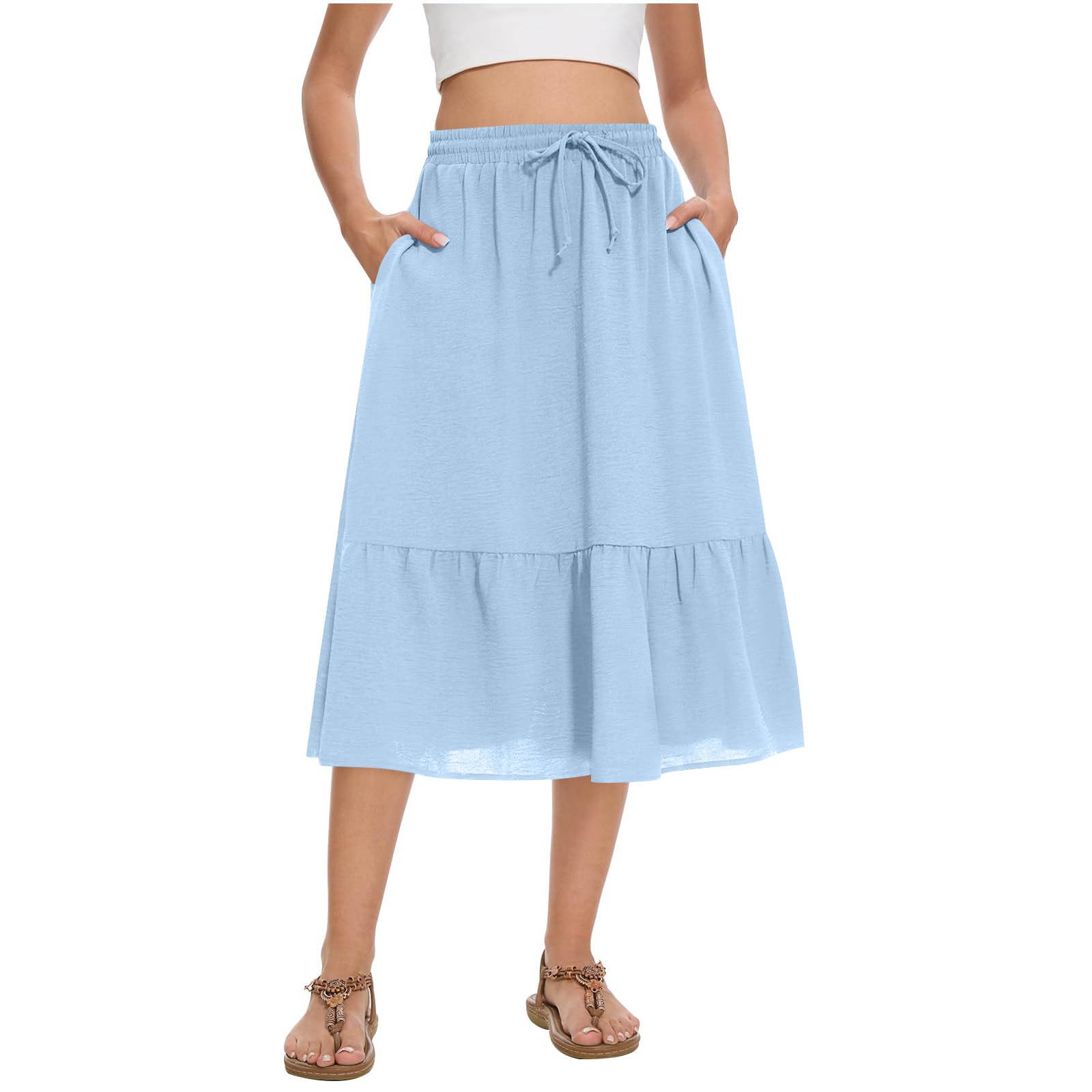 Women's Summer Boho Flowy Midi Skirt with Pockets Casual Elastic High Waist Tiered Long Skirts Ruffle A Line Skirts Light Blue
