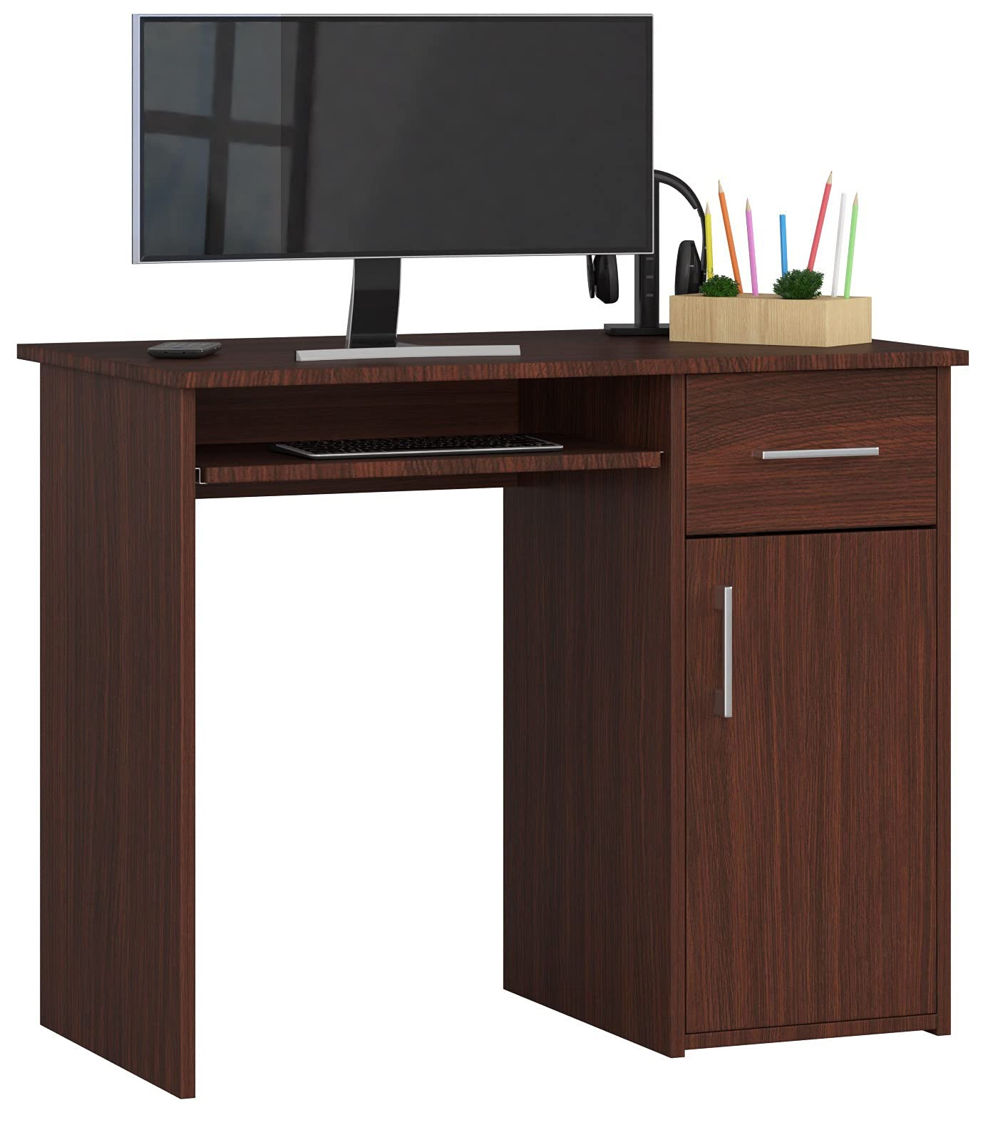 AKORD PC-Schreibtisch PIN mit Tastaturablage | Schreibtisch Klein mit Schubladen | Computertisch | Bürotisch 1 Schublade, 1 Ablagefach mit Tür, B90 x H74 x T50 cm, 29 kg | Wenge