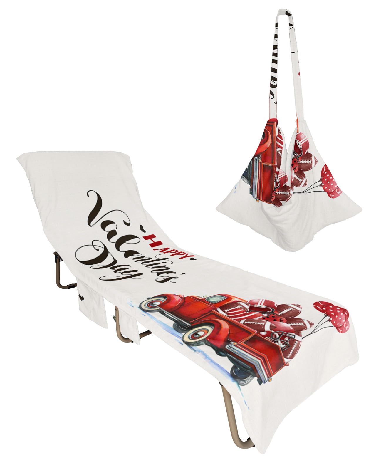 Red Truck Valentine's Day Beach Lounge Chair Towel Cover, Soft Chaise Lounge Towel with Side Pockets Patio Pool Chairs Cover for Beach/Pool Sunbathing 29x85 Football Ballon