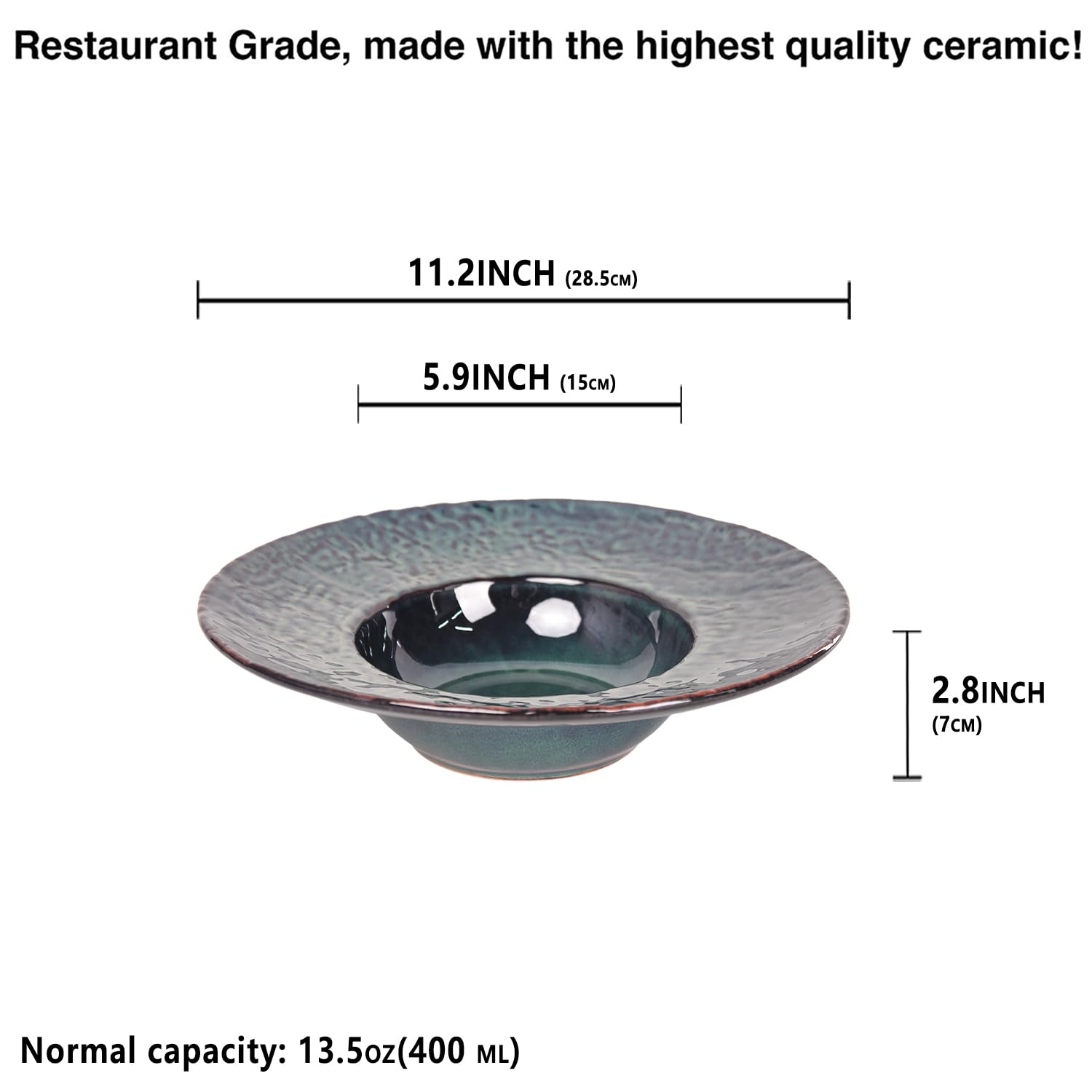 LIUYWYHCF Ceramic Rimmed Soup Plates Set of 4, 13.5 oz Soup Bowls, 11.2 Inch Pasta Bowls, Shallow Bowl Plate with Rim, Best choice for high-end restaurants, hotels and foodies, Teal reactive glaze